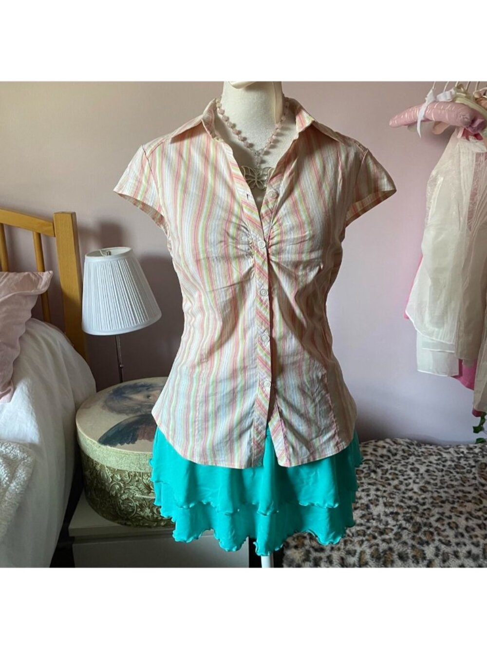 Y2K pastel striped stretchy short-sleeved button-up blouse